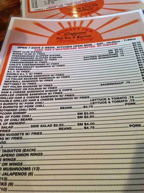 Guests rave about the hearty cooked breakfasts too. . Sunset inn pueblo menu